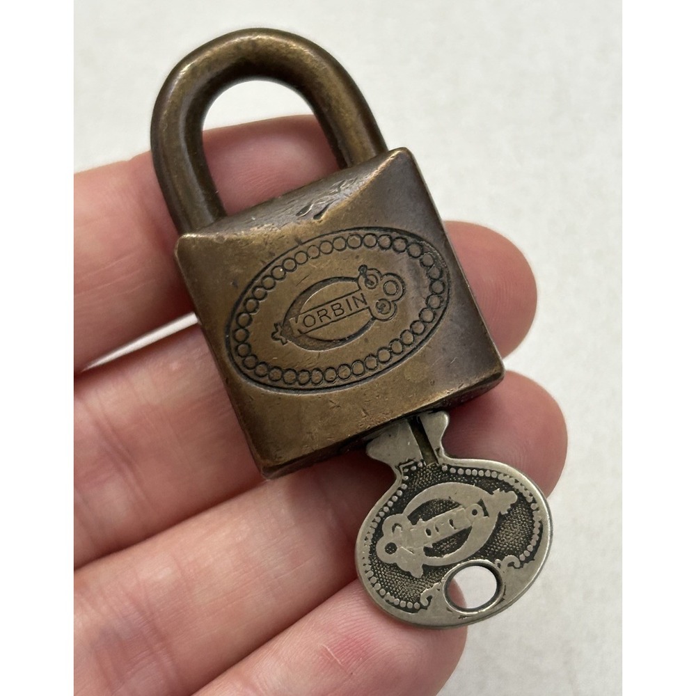 Vintage Antique Corbin Cabinet Company Brass Padlock W/ Original Working Key
